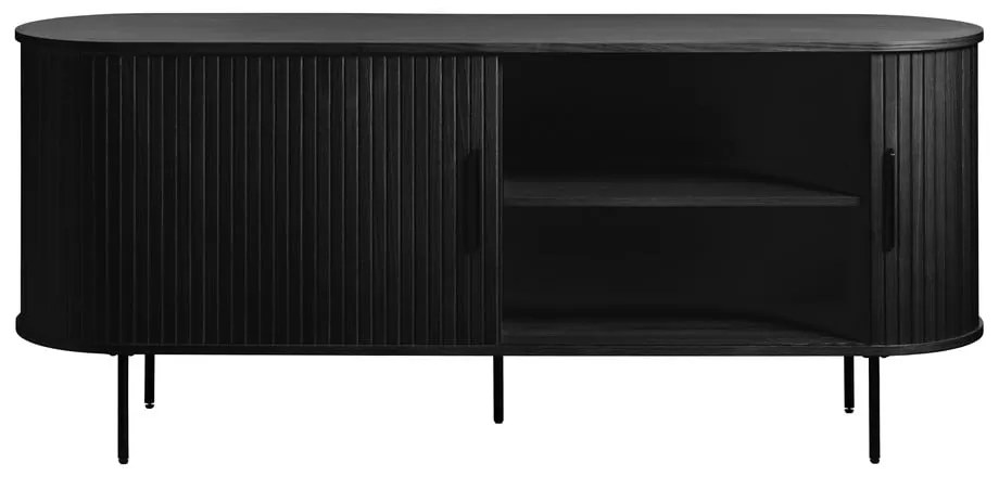 Fekete alacsony komód tolóajtóval, tölgyfa dekorral 76x180 cm Nola – Unique Furniture