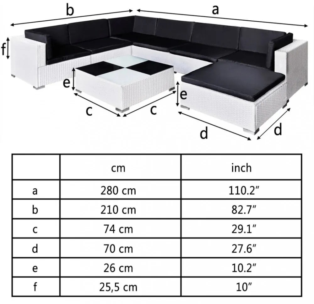 8-részes fehér polyrattan kerti bútorszett párnákkal