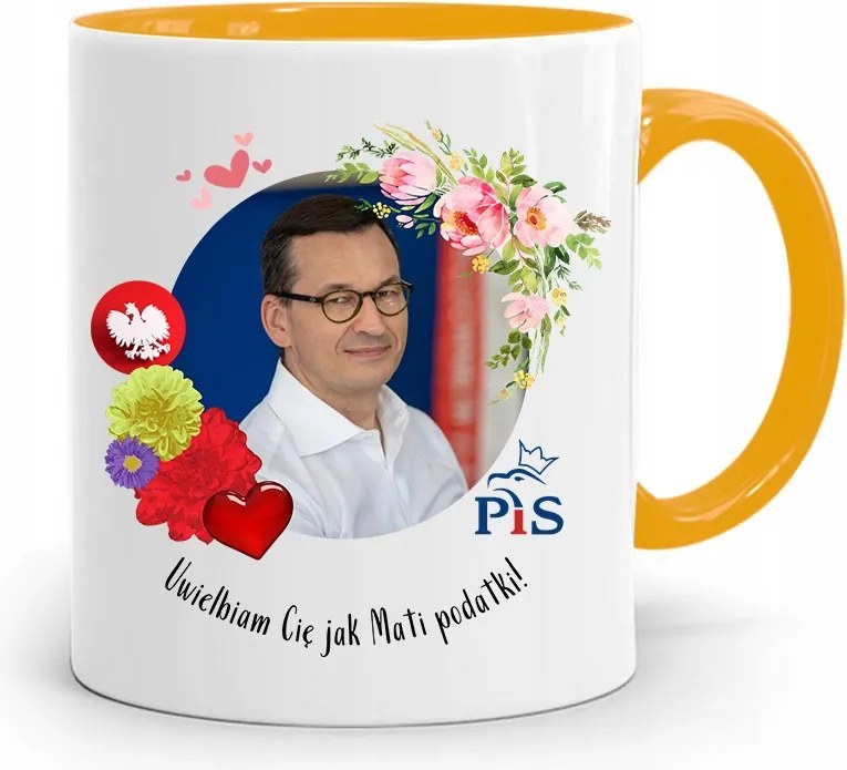 Sárga Politikus Bögre Mateusz Morawiecki Miniszterelnök fényképes nyomtatással