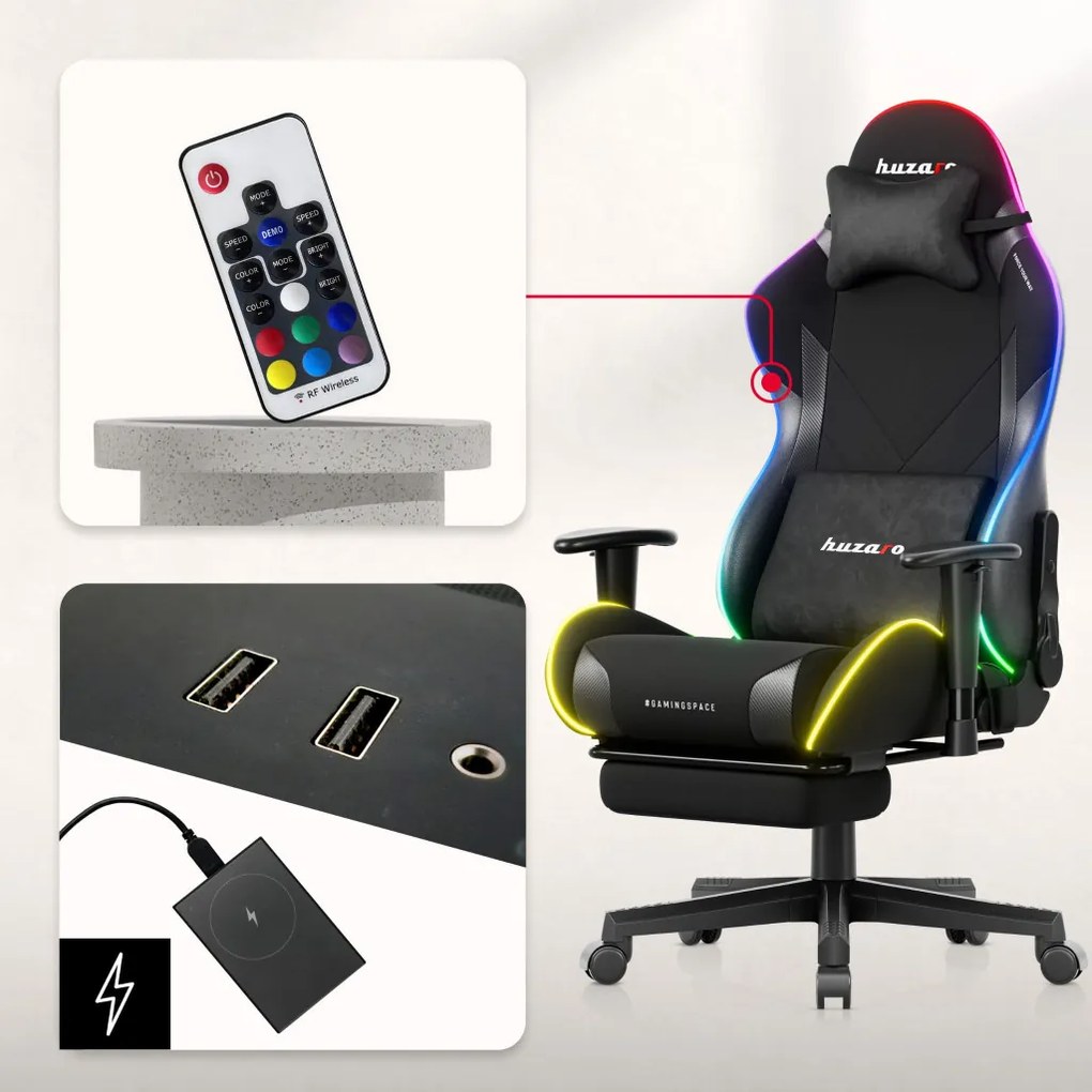 Gamer szék, Force lábtartóval fekete RGB