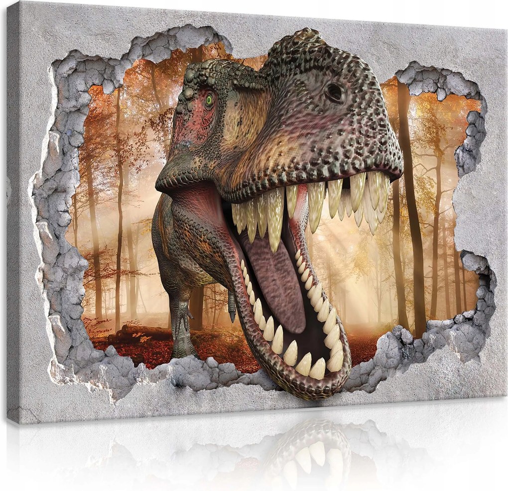Vászonkép 100x75 Dinoszaurusz T-Rex fal lyuk erdő 3D illúzió művészet