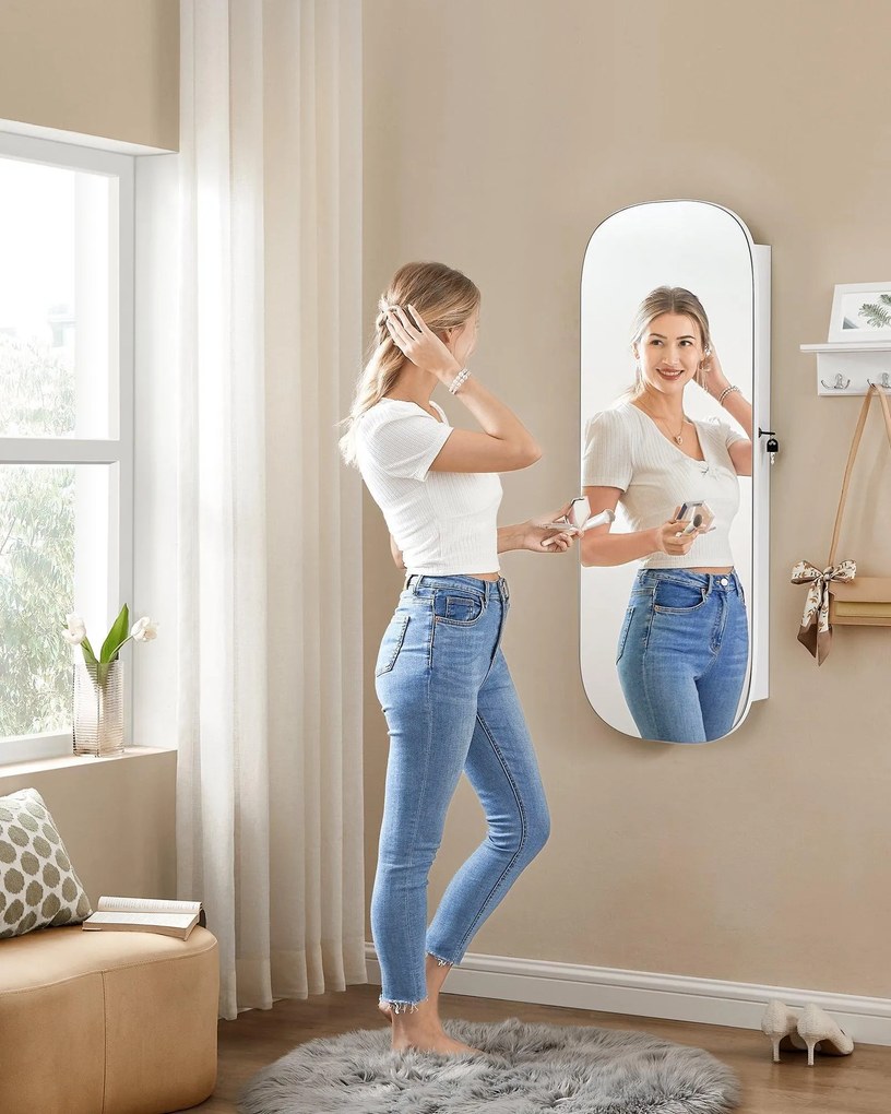 LED-es tükör ékszertárolóval 10×42×108 cm, fehér