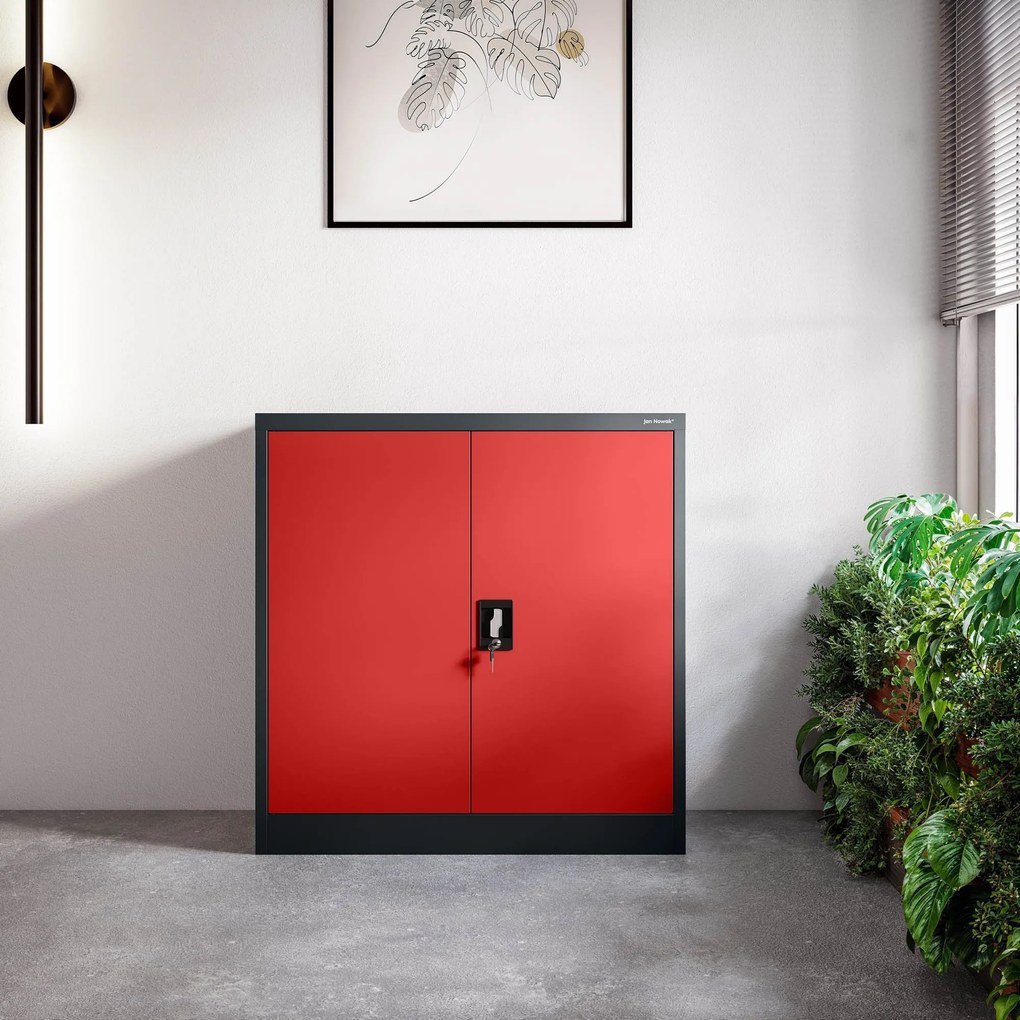 Alacsony fém irattartó szekrény BEATA, 900 x 930 x 400 mm, antracit-piros