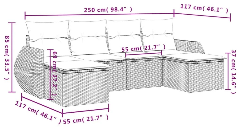 6 részes bézs polyrattan kerti ülőgarnitúra párnával