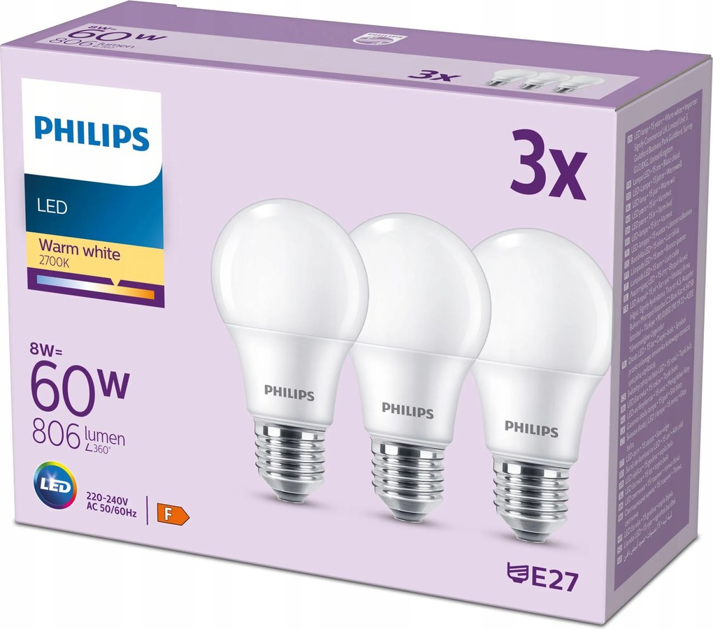 Led izzó E27 A60 8W 60W 806lm 2700K Meleg Prémium Philips 3 db