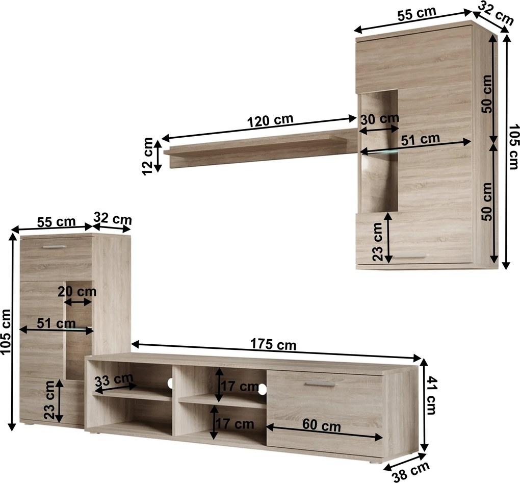Nappali szekrénysor, sonoma tölgy, fóliázott DTD, FRONTAL 1 NEW