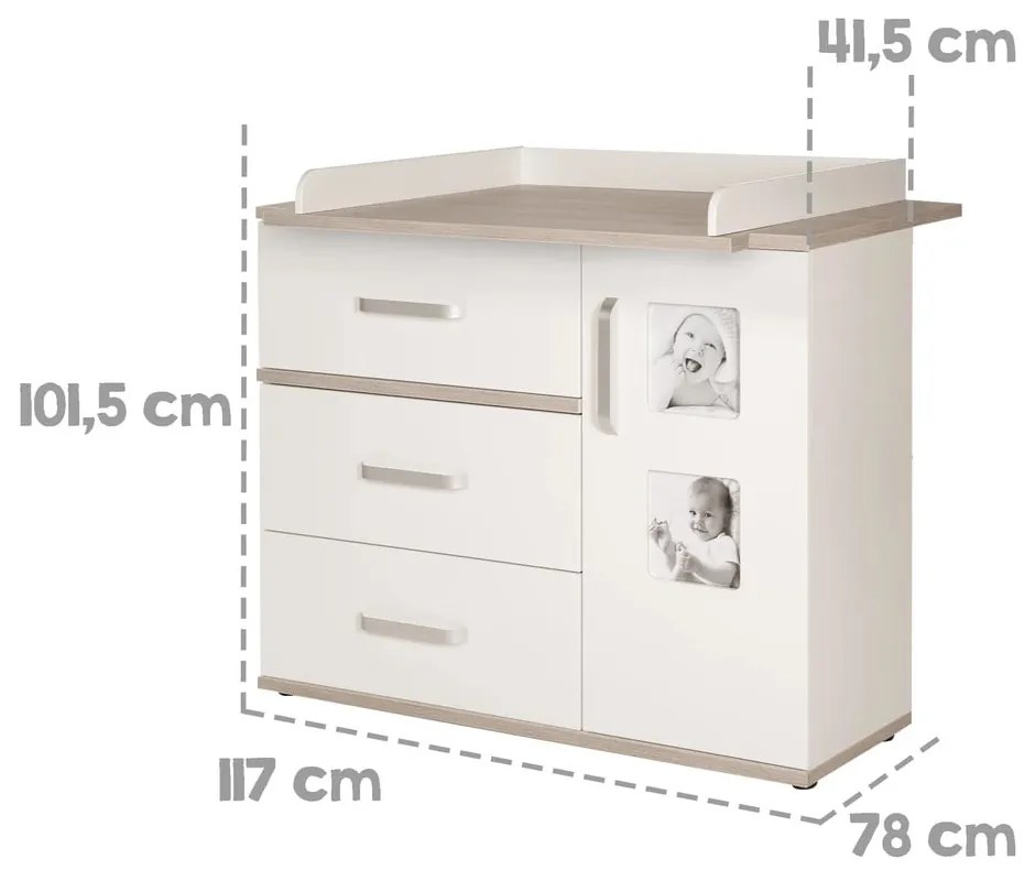 Fehér alacsony gyerek komód pelenkázó feltéttel szilfa dekorral 117x102 cm Moritz – Roba