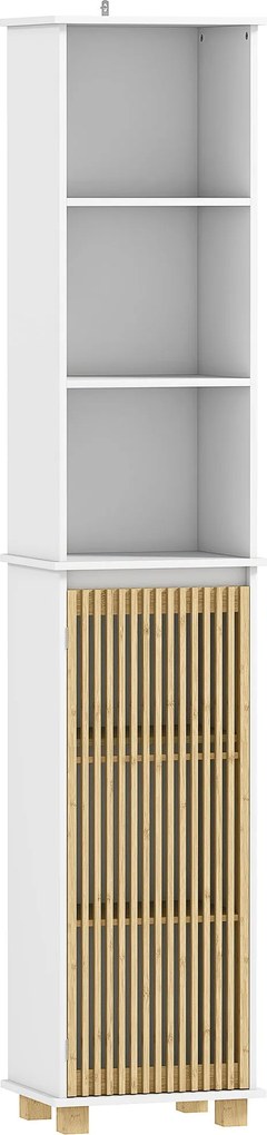 HOMCOM Fürdőszobai Oszlop, Fürdőszoba Tároló Bútor, Tárolószekrény Bambusz Rácsos Ajtóval és Nyitott Rekeszekkel, Magas Szekrény Élőszobához, Konyháho
