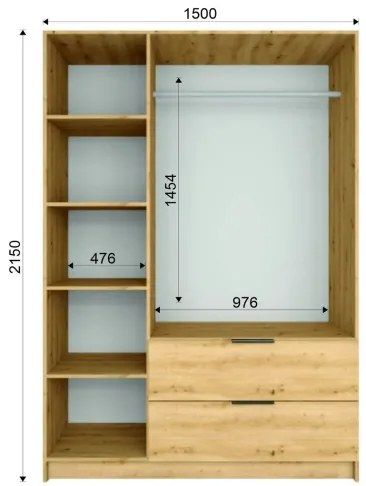 VISTA gardróbszekrény tükörrel, 150x215 cm, artisan tölgy/grafit