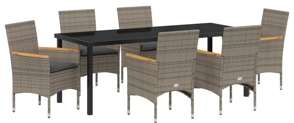 7 részes Kerti Étkezőszett Párnákkal Szürke Poly Rattan