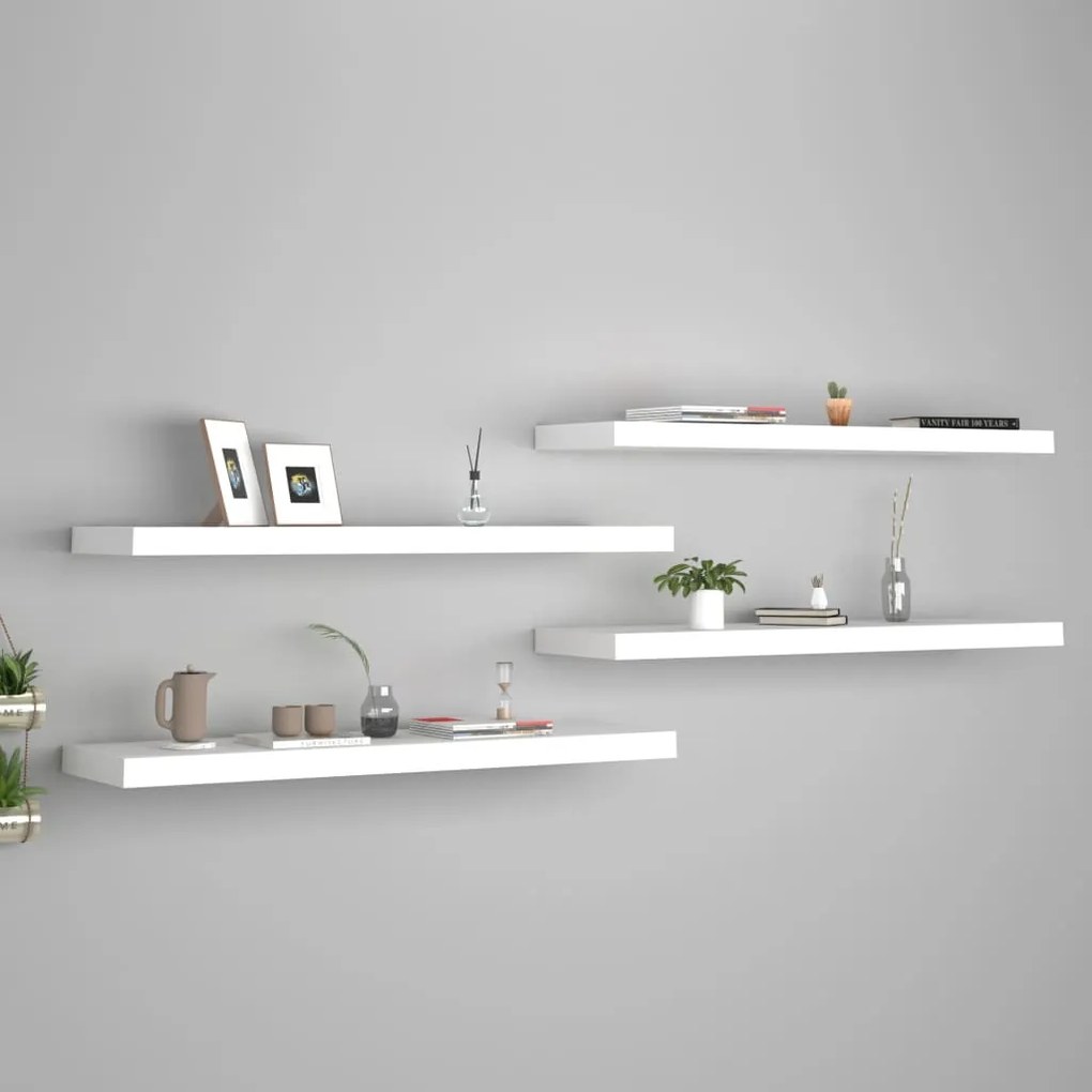 4 db fehér MDF lebegő fali polc 90 x 23,5 x 3,8 cm