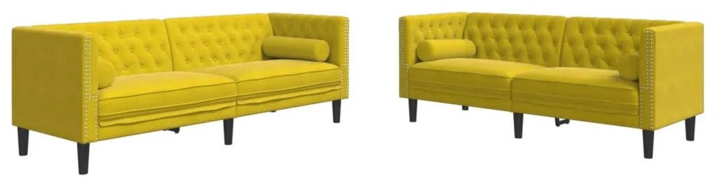 2 részes sárga bársony Chesterfield kanapészett hengerpárnákkal