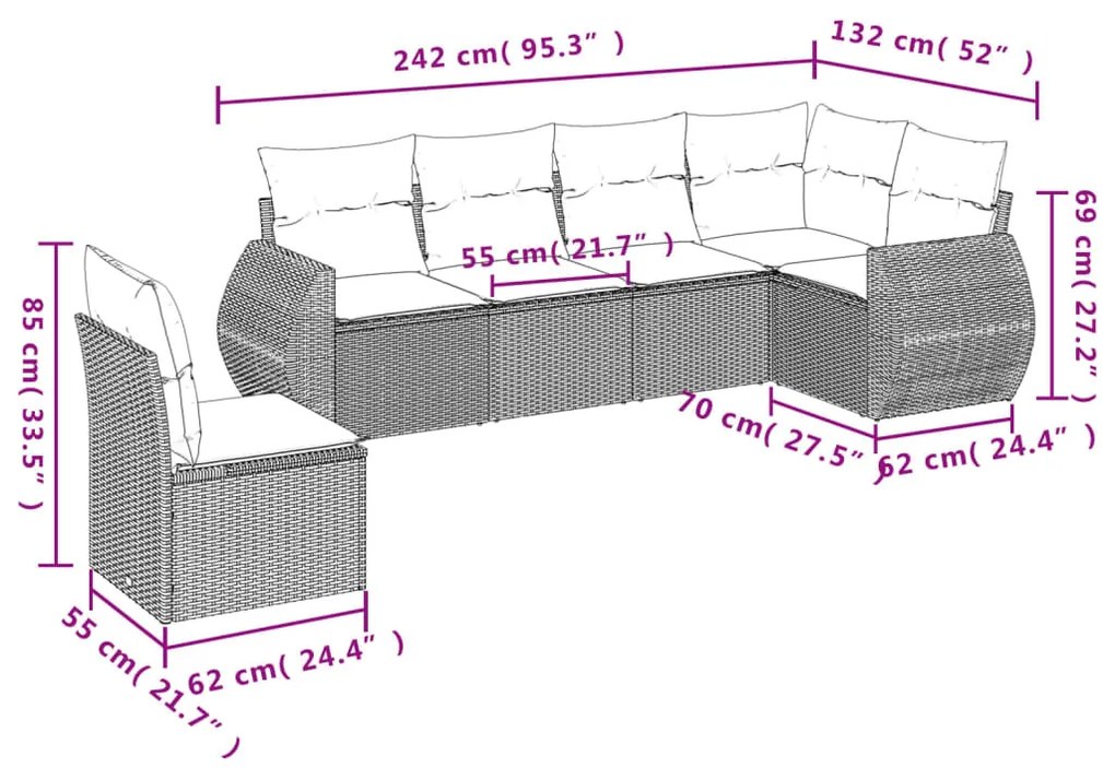 6 részes szürke polyrattan kerti ülőgarnitúra párnákkal