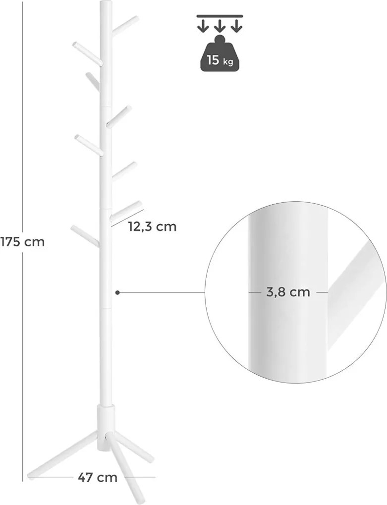 Álló ruhafogas fa 8 akasztóval, fehér