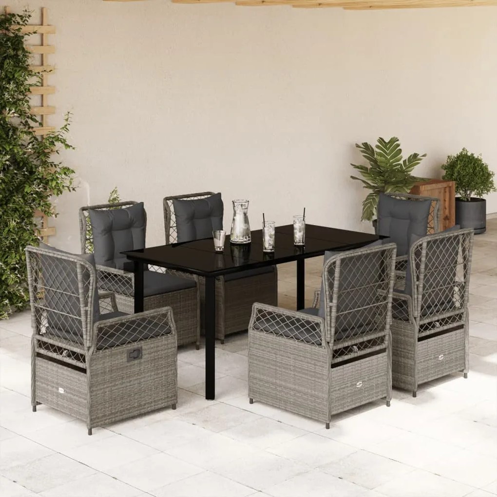 7 részes világosszürke polyrattan kerti étkezőszett párnával