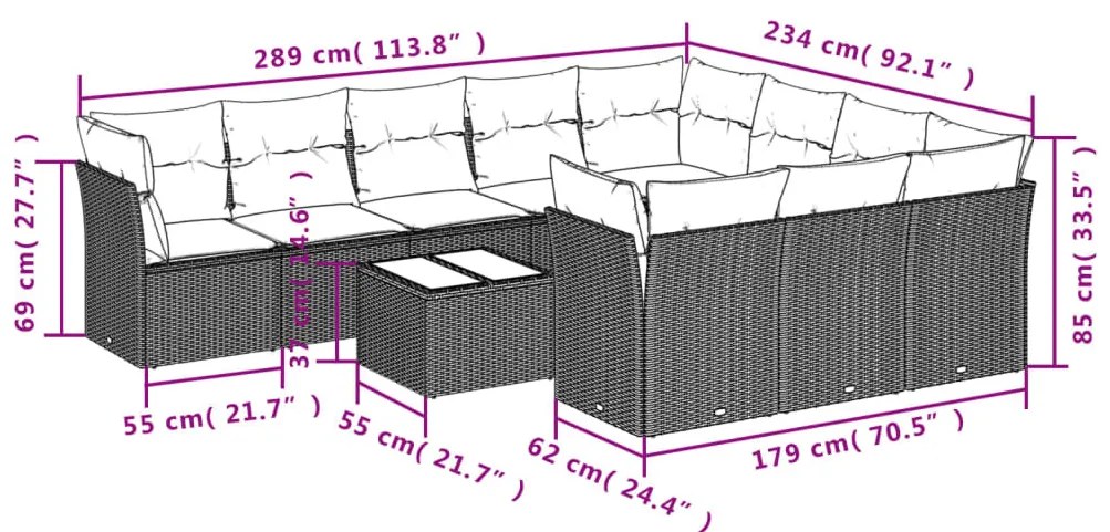 11 részes fekete polyrattan kerti ülőgarnitúra párnákkal