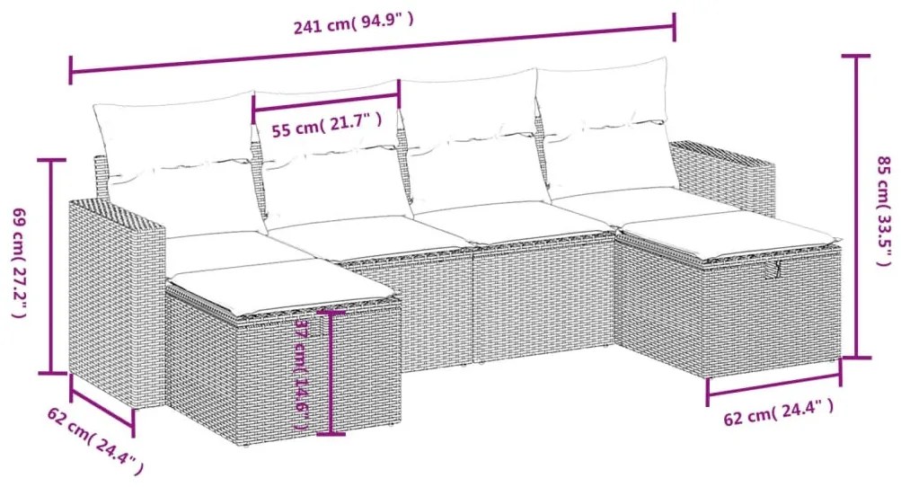 6 részes fekete polyrattan kerti ülőgarnitúra párnákkal