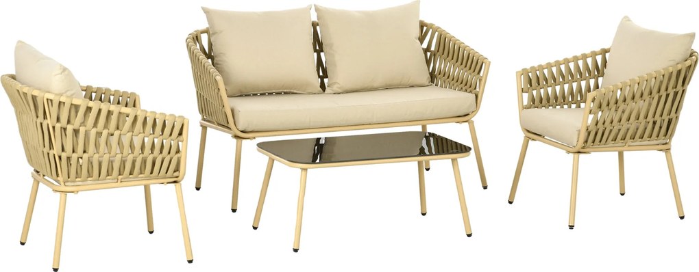 Outsunny 4 részes Kertibútor Szett, Ülőgarnitúra 1 Kávétéma, 2 Fotel, 1 Kétüléses Kanapé, Kerti Bútor Készlet Párnákkal, Ülőgarnitúra Kerthez, Teraszh