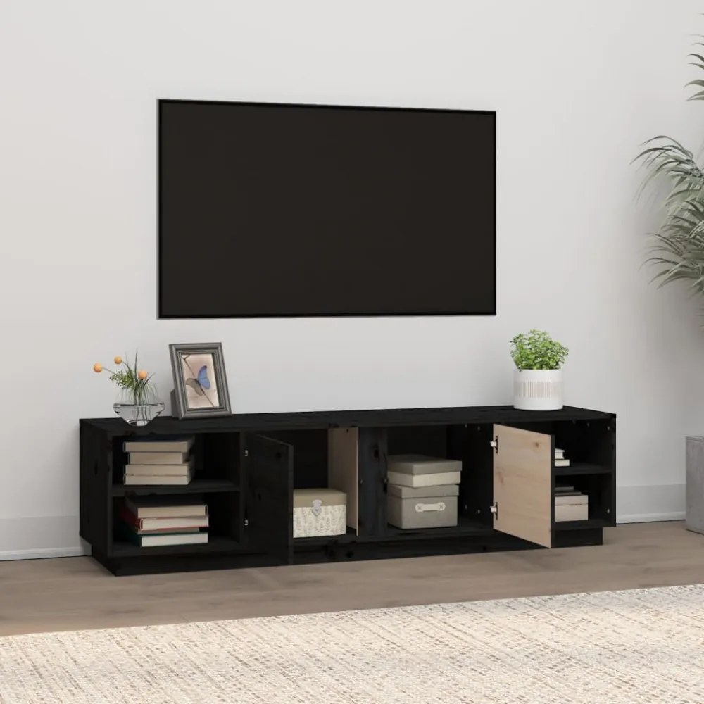 fekete tömör fenyőfa TV-szekrény 156 x 40 x 40 cm