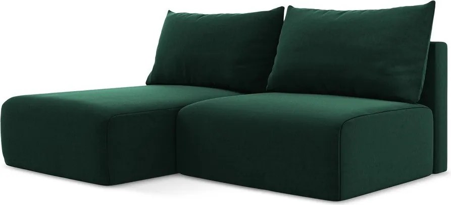 Sötétzöld bársony kinyitható-tárolóhelyes sarokkanapé (bal oldali-heverő résszel) Kalena – Makamii