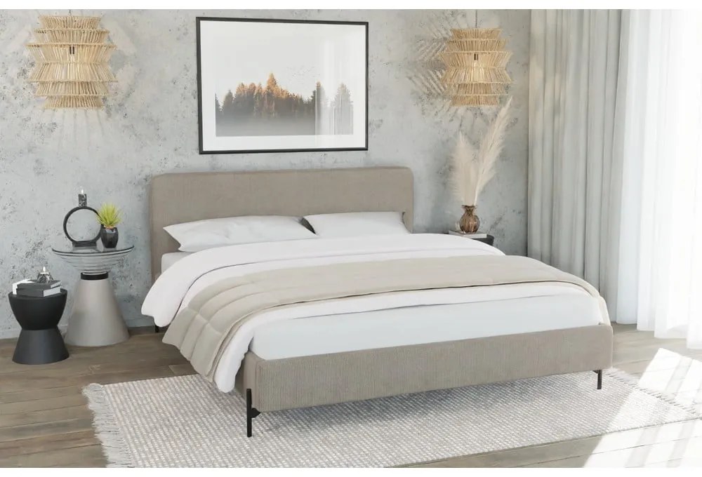 Világosbarna kárpitozott franciaágy ágyráccsal 160x200 cm Barker – Ropez
