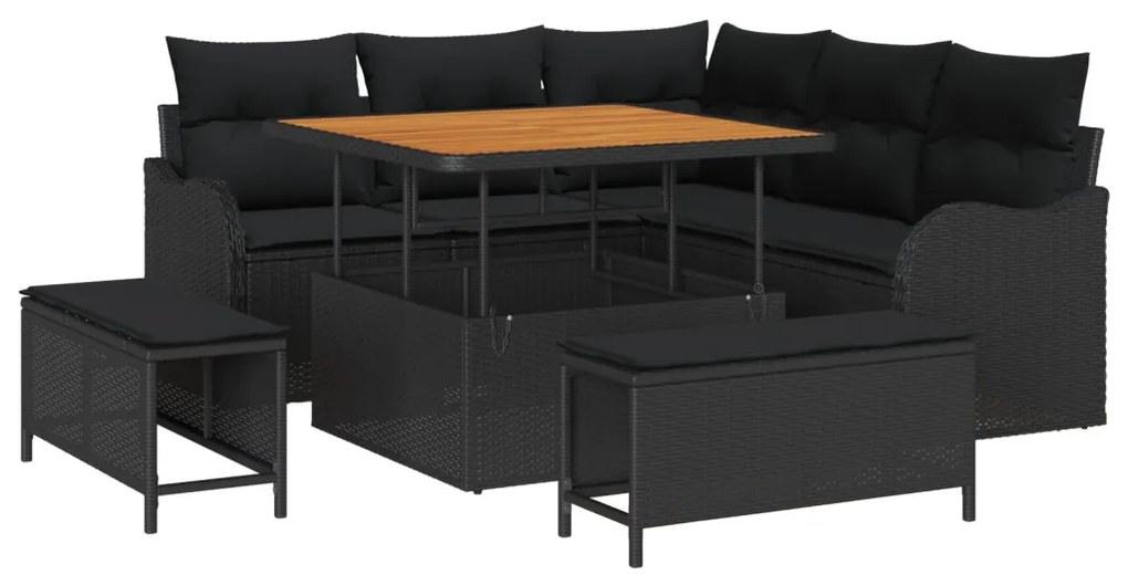 8 részes kerti kanapészett párnákkal, fekete poly rattan akác