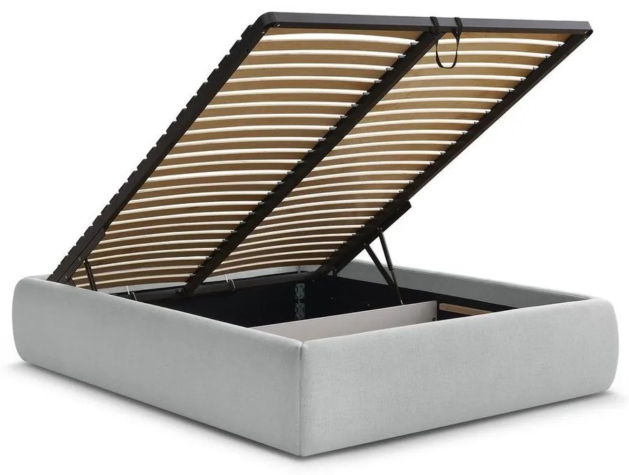 Világosszürke kárpitozott ágyneműtartós-ágytámla nélkül franciaágy ágyráccsal 160x200 cm Inera – Bobochic Paris