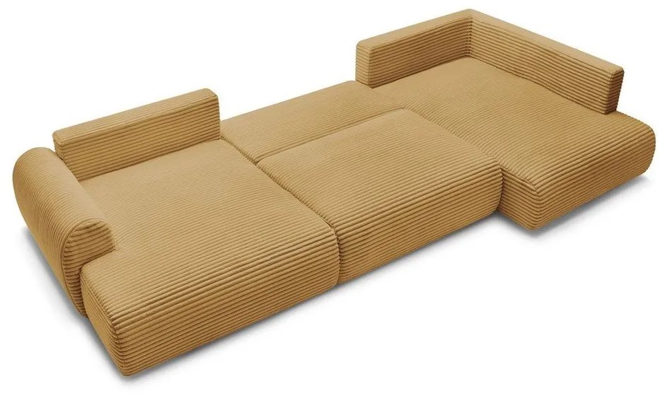 Mustársárga kordbársony kinyitható-tárolóhelyes sarokkanapé (jobb oldali-U alakú) Lucien – Bobochic Paris