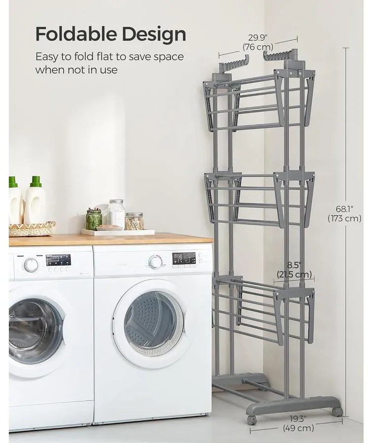 összecsukható 4 szintes ruhaszárító állvány, mozgatható, 64 x 126 x 172 cm, rozsdamentes acél, lehajtható szárnyakkal, szürke