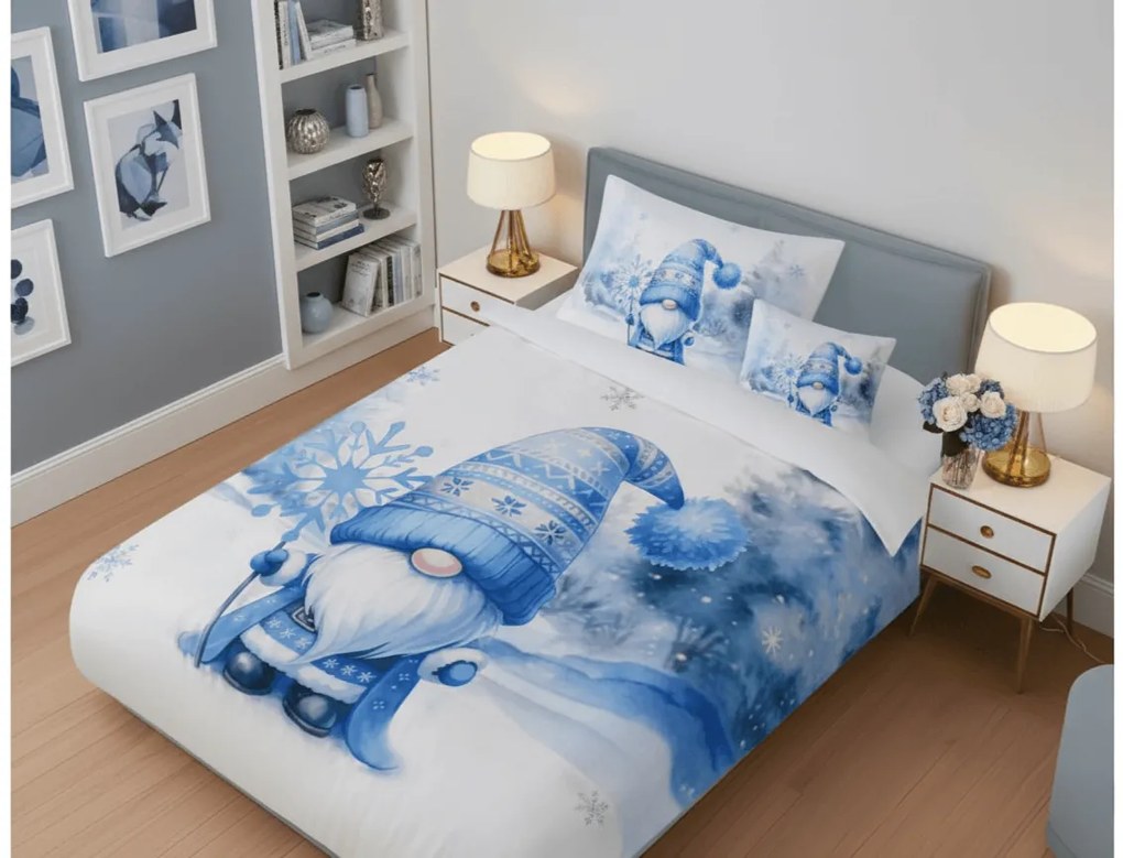 Mikroszatén ágynemű BLUE GNOME fehér + párnahuzat 45 x 45 cm ingyenes Ágyneműhuzat mérete: 70 x 90 cm | 140 x 200 cm