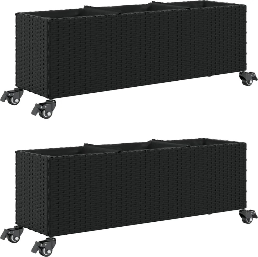 vidaXL 2 db fekete polyrattan növénytartó kerékkel 107x32x38 cm