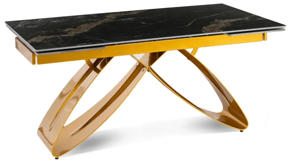 Fekete/Arany Márványhatású Bővíthető Kerámia Asztal Arany Lábbal. LUIGI 160-240 cm