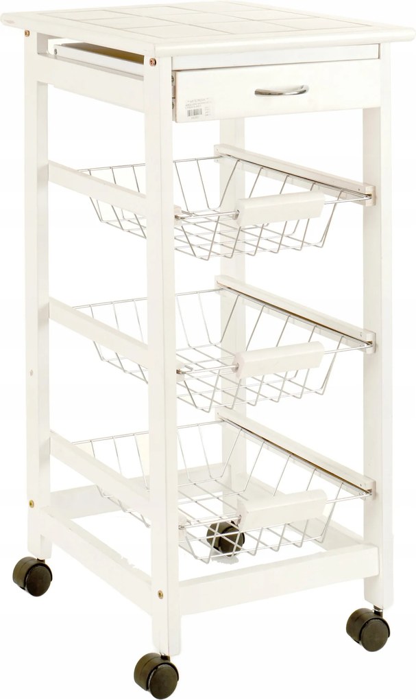 Fa Gurulós Konyhai Kocsi Kosarakkal És Fiókkal Fehér