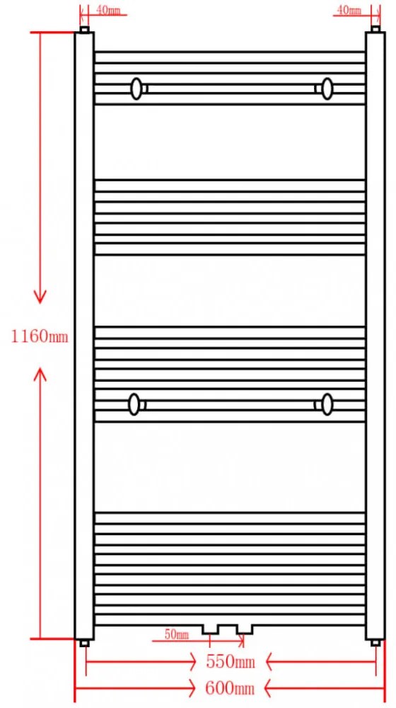 Egyenes fekete törölközőszárító radiátor központi fűtéssel 600x1160 mm