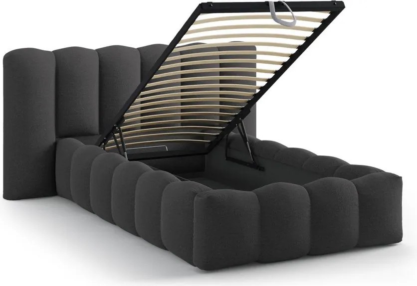 Antracitszürke kárpitozott ágyneműtartós egyszemélyes ágy ágyráccsal 90x200 cm Lupine – Micadoni