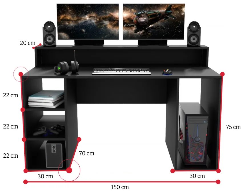 LENI számítógépasztal + Led, 150x74x70, fekete