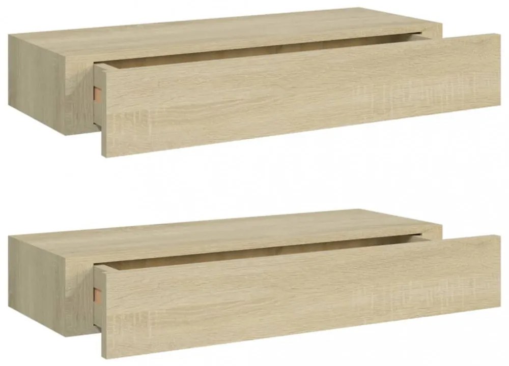 2 db tölgyszínű MDF falra szerelhető fiókos polc 60x23,5x10 cm
