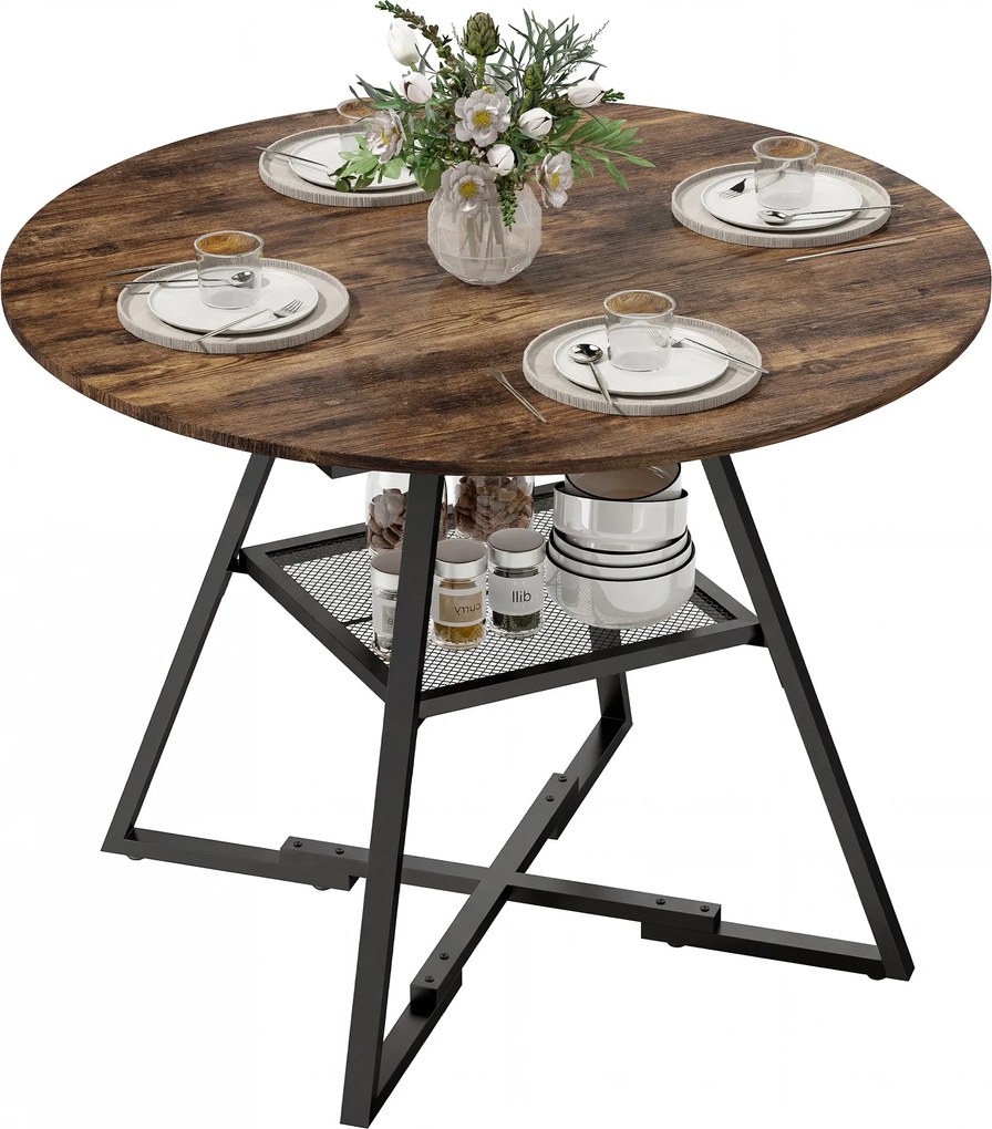 HOMCOM kerek étkezőasztal 4 személyes, Ø 100 cm x 76 cm, ipari stílusú konyhai asztal nagy asztallappal és tárolópolccal, fém váz, rusztikus barna | A