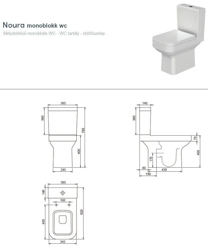 CeraStyle NOURA monoblokk WC - BEÉPÍTETT bidé funkcióval - NEM FALIG érő talppal - 62 cm