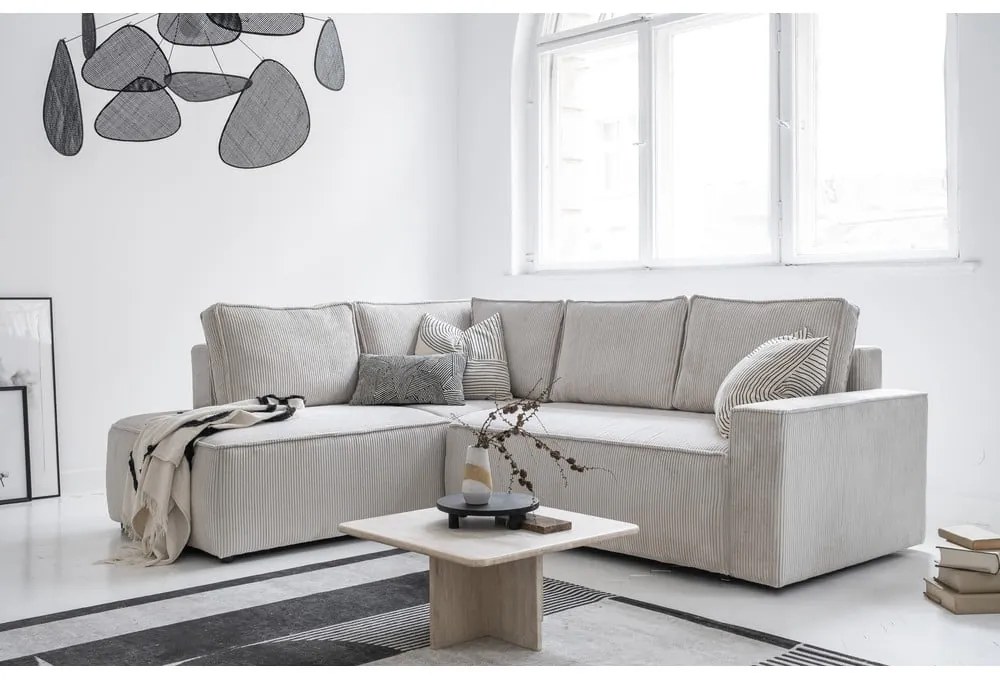 Fehér kordbársony kinyitható sarokkanapé (bal oldali) Brave Dave – Miuform