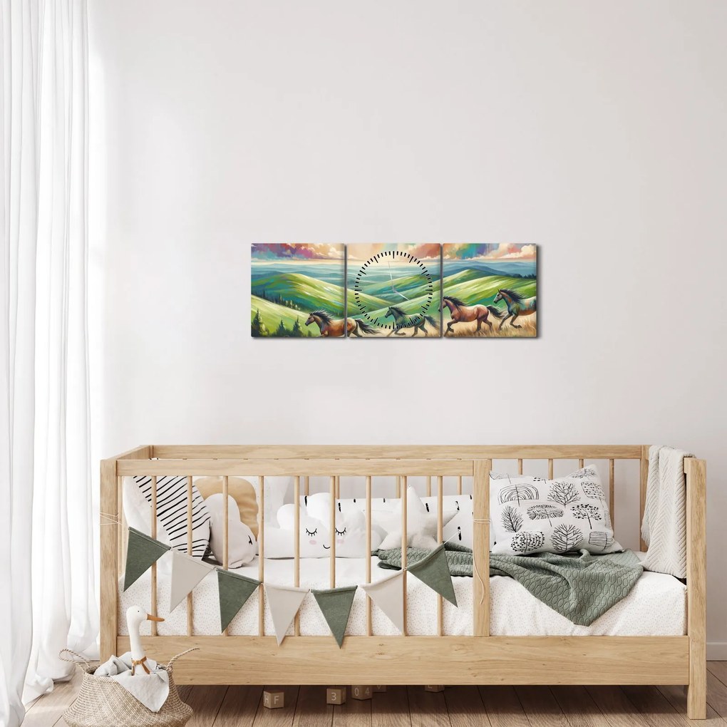 Kép – Vágtázó lovak a tájban (órával) (90x30 cm)