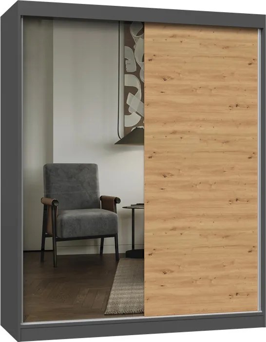 IGA 160 A/B tolóajtós gardróbszekrény 120x61x200, 1 tükörrel / sima, antracit- tölgy