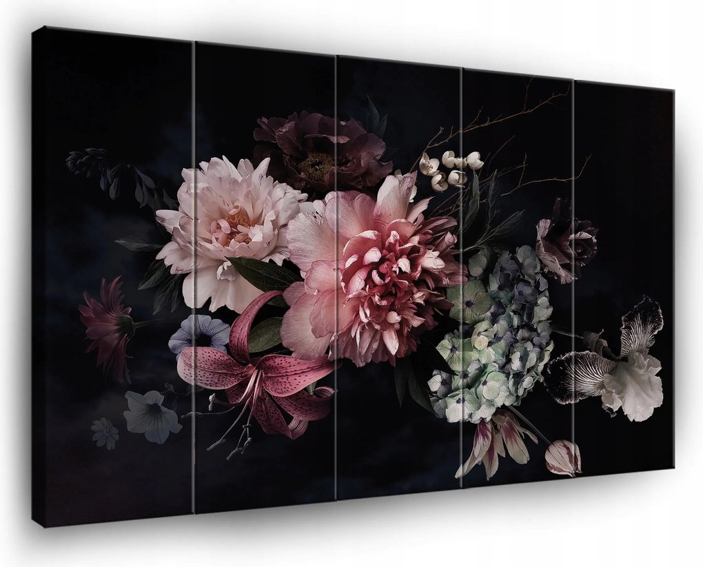 Vászonkép Virágok Fekete Háttér Vászon Fal 5 Részes Hálószoba Nappali 150x100