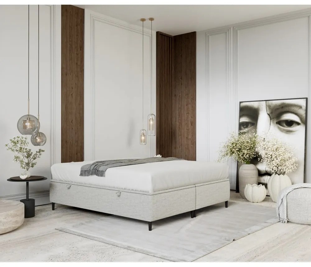 Világosszürke kárpitozott ágyneműtartós franciaágy 140x200 cm Tate – Maison de Rêve