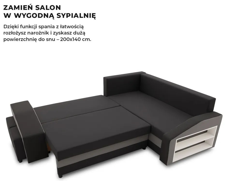 Grande sarokkanapé polcokkal és puffokkal , polc a jobb karfaban puffok a bal karfaban, jobboldali, szövet anyag, bonell töltet, fekete - szürke