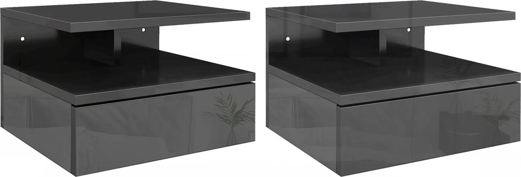 HOMCOM 2 db Fali Éjjeliszekrény, Modern Hálószoba Éjjeliszekrény Fiókkal és Felső Polccal, 35x32x22,5 cm, Fényes Fekete | Aosom