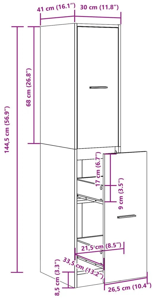szürke sonoma színű szerelt fa patikaszekrény 30x41x144,5 cm