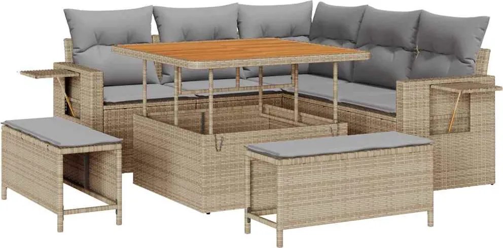 vidaXL Kerti Kanapé Szett 9 pcs Beige és Világosszürke polirattan