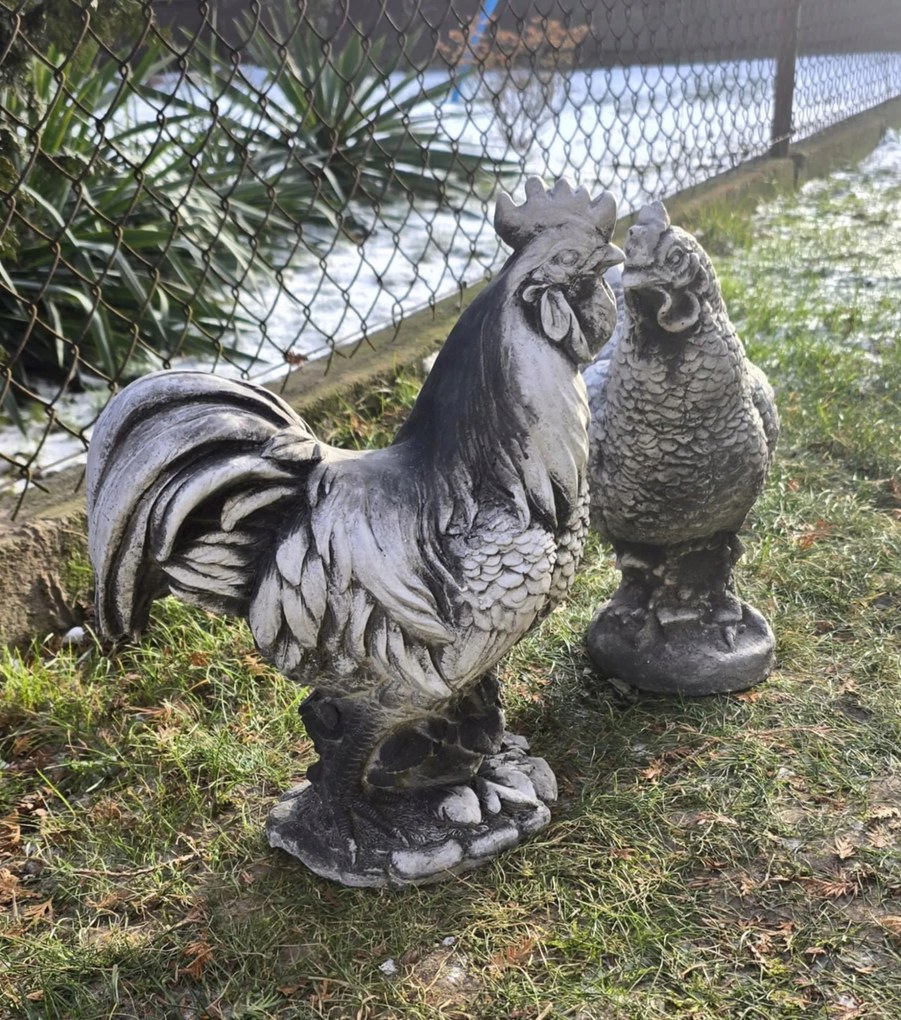 Kakas és tyúk beton figura szett kerti dekorációs díszek 39cm 2 db