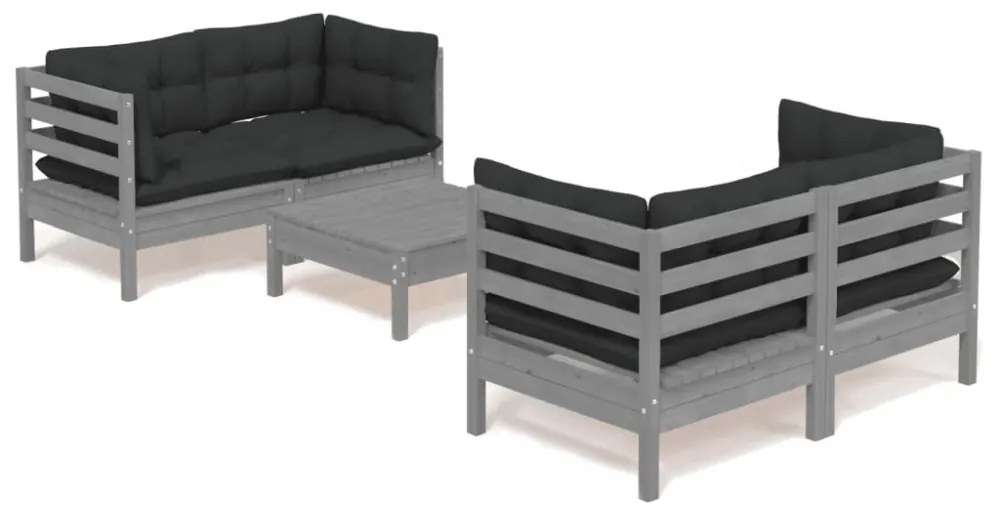 5 részes fenyőfa kerti ülőgarnitúra antracitszürke párnákkal